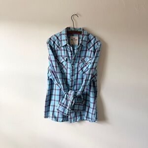 Salmon, Navy & Sky Blue Western Hollister Plaid Snap Long Sleeve Shirt XL
